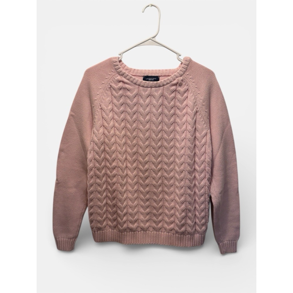Lands End Drifter Women Pink Cable Knit Crewneck Chunky Sweater Lg 100% Cotton